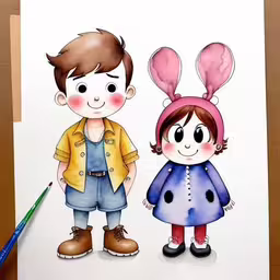 a couple of children are dressed up in animal ears,a drawing of two children holding hands