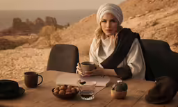 a young lady is sitting with her cup in her hands at the table