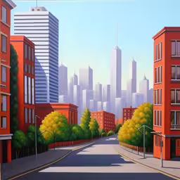 an abstract painting of a city with tall buildings