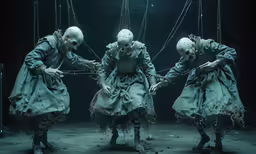 three people wearing white faces and masks on their head
