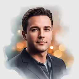 a portrait of a man in front of a blurry image