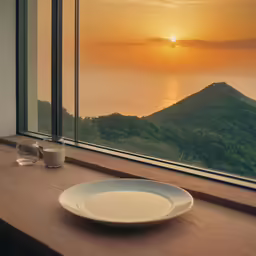 a bowl, plate and milk are sitting on a table by a window overlooking a mountain valley