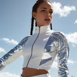a young lady is looking ahead while wearing a white outfit