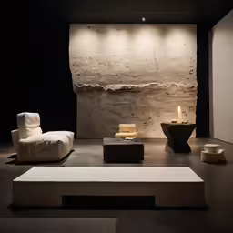 a display area with large walls and a large sculpture