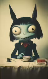 a stuffed animal with fake hair and ears sitting next to a plate of food