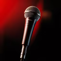 a black microphone and a red curtain behind it