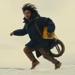 a young man walking up the snow covered ground holding a brown backpack