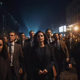 group of business people walking down a street in dark