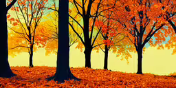 the painting shows leaves on a hillside and trees,colorful painting of fall trees with red leaves on ground