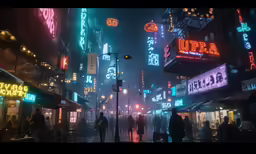 people are walking down an urban street at night