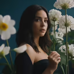 a woman standing behind a bunch of white flowers