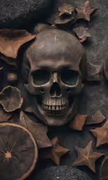 a black skull surrounded by leafy stars and a star - shaped object