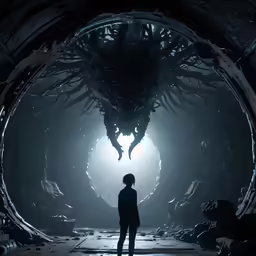 the alien man is standing alone in a dark tunnel