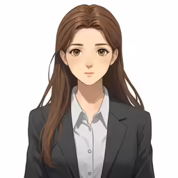 a woman with long brown hair wearing a suit