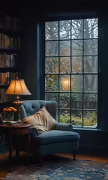 a couch with pillows and a lamp in a room