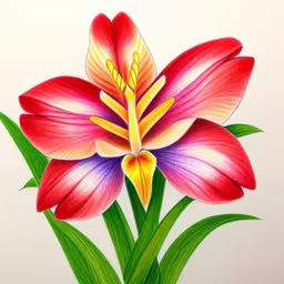 a close up image of a colored flower with leaves,a drawing of a pink flower with green leaves