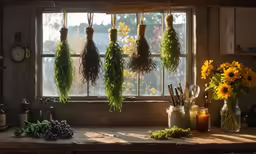 several hanging plant sprouts and fruits in a rustic kitchen