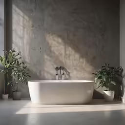 a plant is sitting in front of a big white tub