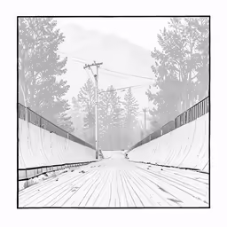a black and white photo of a snow covered walkway