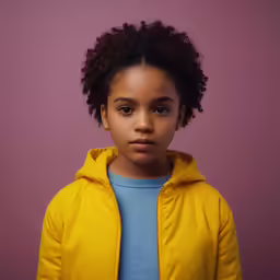 a young girl wearing a yellow jacket poses for the camera