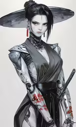 an asian female with a sword and wearing an outfit