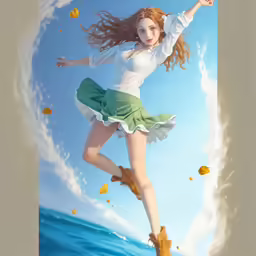 a woman flying through the air on top of a pair of yellow boots
