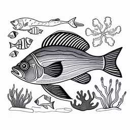 a black and white drawing of fish,an ink drawing of fishes and seaweed by person,a large fish that is in the water,a fish surrounded by sea corals and marine plants,a fish swimming on top of a body of water
