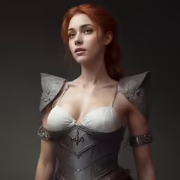 a sexy redhead woman in armor is standing