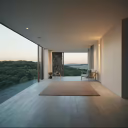 a large room has a chair and a rug