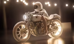 a man in white suit sitting on a white motorcycle