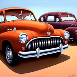 three cars in various colors parked on a sandy beach,a painting of three old cars driving on the road