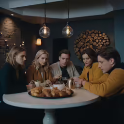 three women and two men are sitting at the table with a plate of food on it