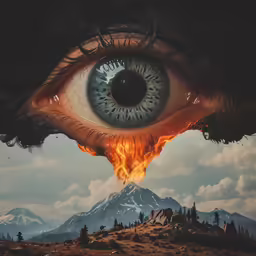 an eye with flames coming out of the iris