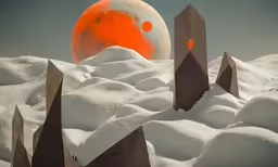 snow covered mountain landscape with the moon in the background