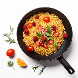 there is a plate of pasta and fruit