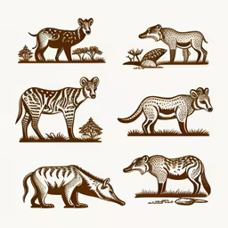 a drawing shows different types of animals,different kinds of animals and birds, each with different markings,six different images of animals in black and white,the animal is standing in different positions on the ground,four different types of animals are depicted in this image