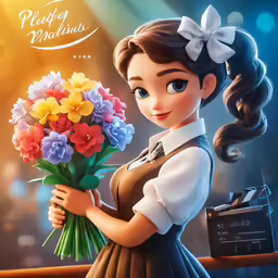 an animated character holding flowers and the film reel