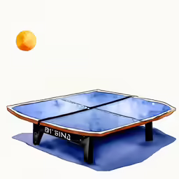a drawing of a ping pong paddle in flight, with an orange ball above it