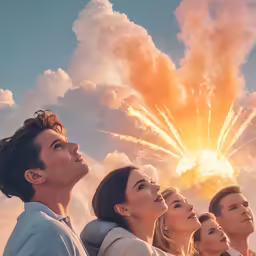 four people stand in front of a sky and the sun