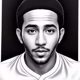 a black and white photograph of a man wearing a hat
