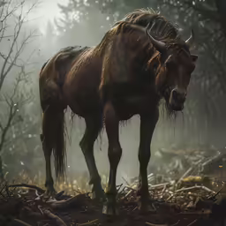a bull standing in the middle of a forest