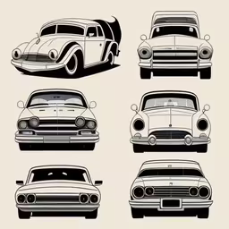 an illustration of vintage cars on the road,four different types of cars on a white background,classic american automobiles silhouettes in various positions,six classic cars parked, all facing right,vintage automobiles with different paint colors in a set