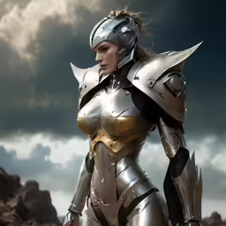 a woman wearing an armor stands against a cloudy sky