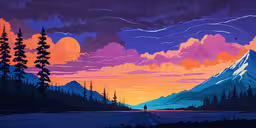 an image of the scenery at night time,a painting of a mountain at dusk with orange, purple and blue colors