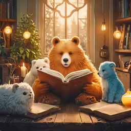 a teddy bear is reading a book with other bears