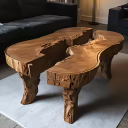 there are two unique wooden benches sitting on the rug