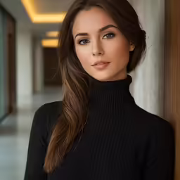 a young lady leaning against a wall in a long sleeve top