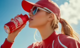 a girl in a red and white baseball outfit drinking a coca - cola from a can