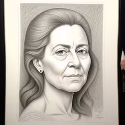a portrait in pencil of a woman in profile,an art work with a drawing of a woman