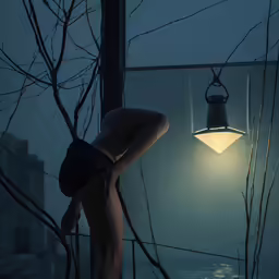 a woman in her underwear looking at the light